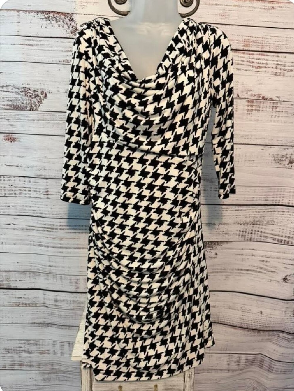 Black & White Houndstooth Cowl-Neck Long Sleeve Dress